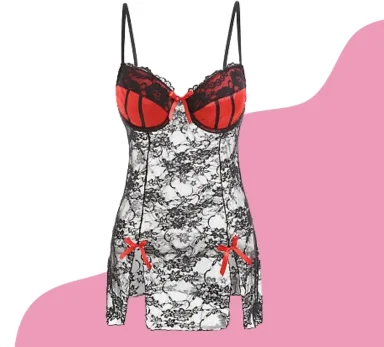 Rene Rofe 2pc Floral Lace Chemise G-String Set Red